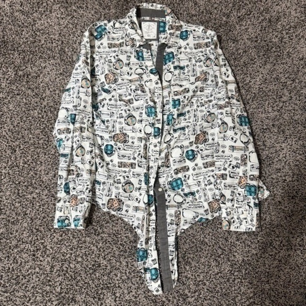 Style & Co Button Down Shirt Womens Medium Travel Print Tie Front Excellent - Picture 2 of 10